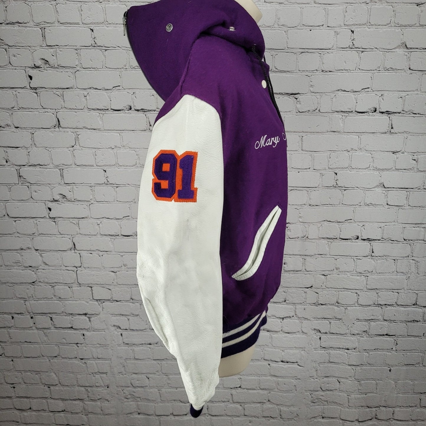 VTG DeLong Retro Purple Wool Hooded Varsity Letterman Jacket USA Made Size 40