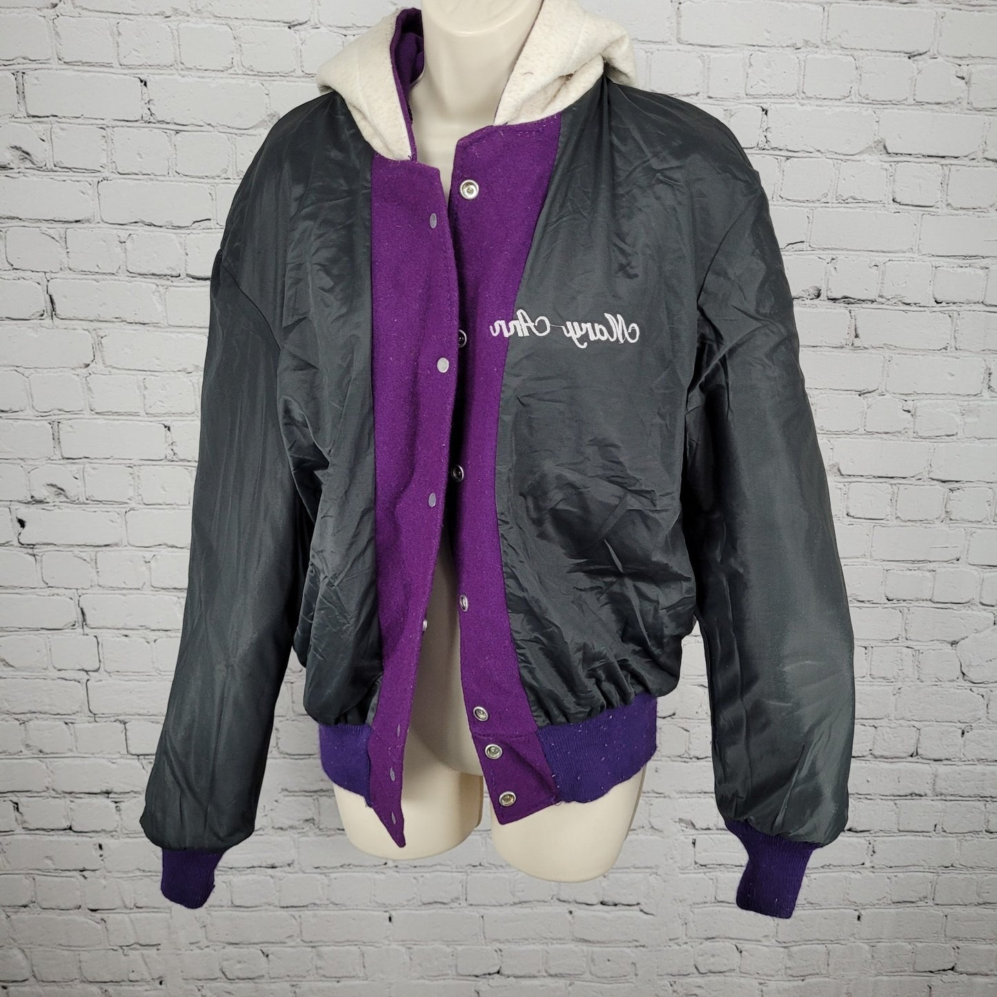 VTG DeLong Retro Purple Wool Hooded Varsity Letterman Jacket USA Made Size 40