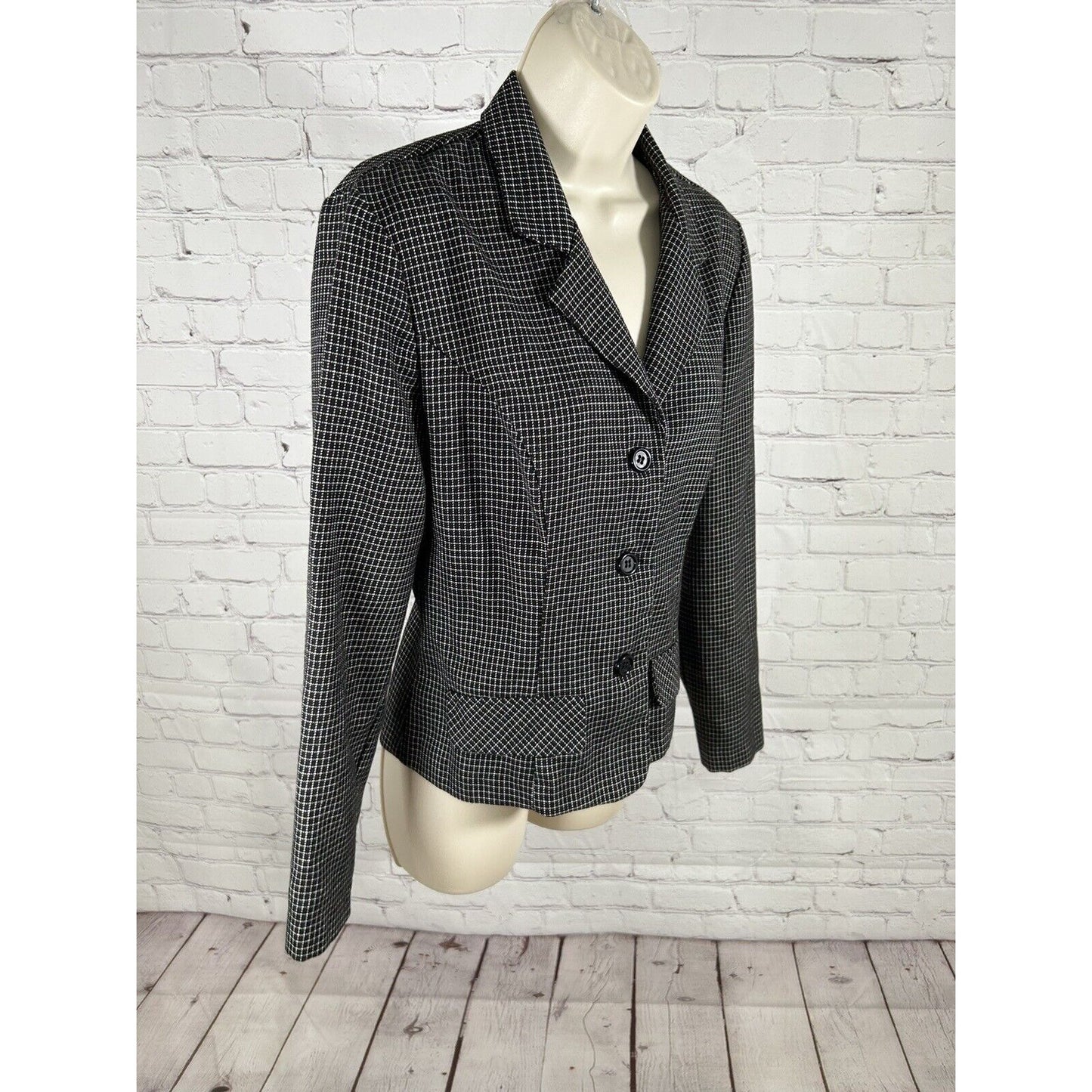 VTG Dawn Joy Fashions Black White Check 3 Button Front Women’s Jacket Blazer S