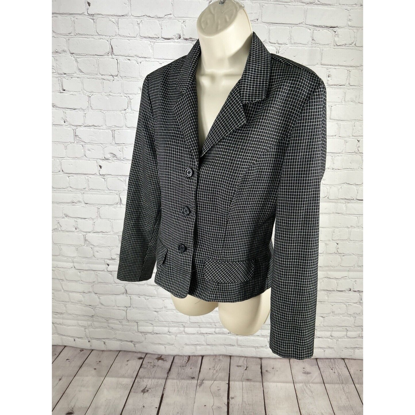 VTG Dawn Joy Fashions Black White Check 3 Button Front Women’s Jacket Blazer S