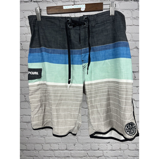 Rip Curl Blue Gray Board Swim Shorts Pocket Strap Logo Unlined Men’s 34