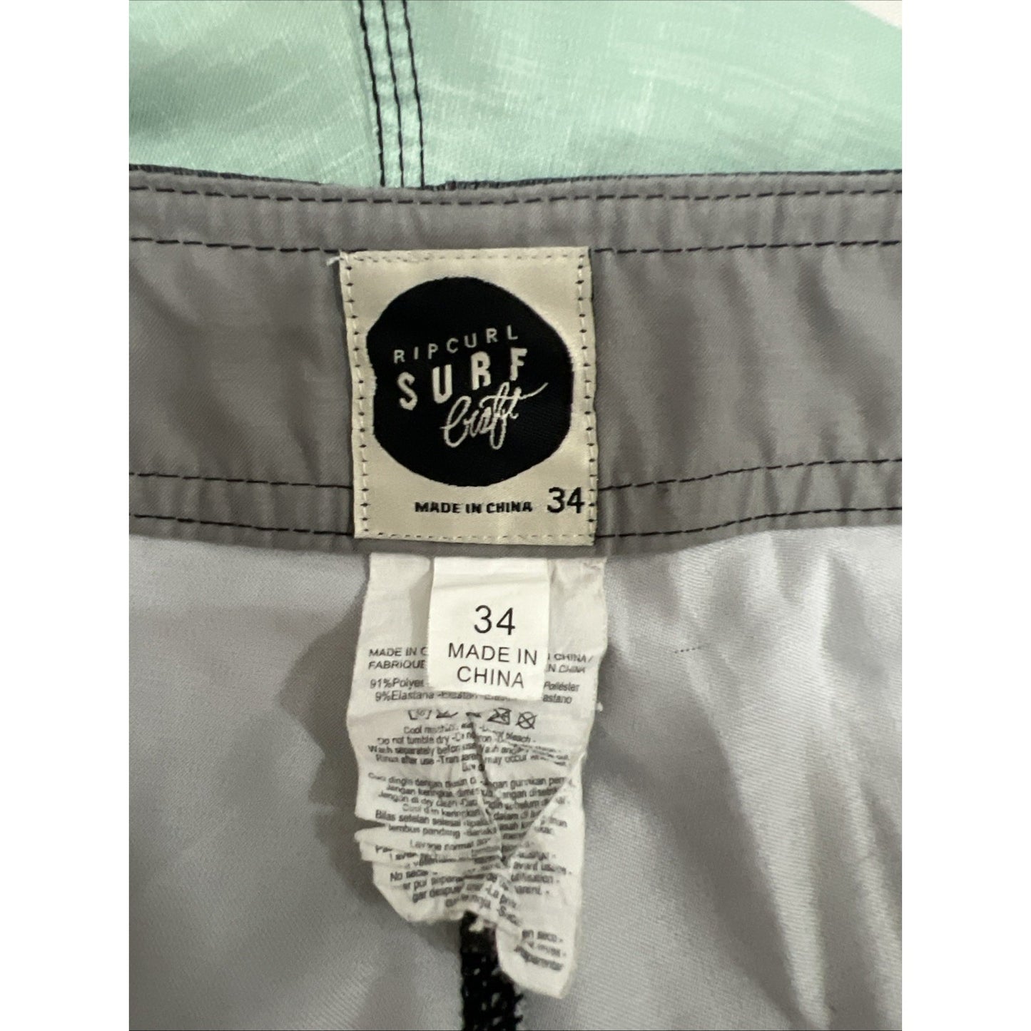 Rip Curl Blue Gray Board Swim Shorts Pocket Strap Logo Unlined Men’s 34