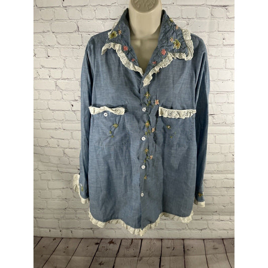 VTG JCPenney Big Mac Embroidered Chambray Lace Trim Button Up Shirt Women’s L