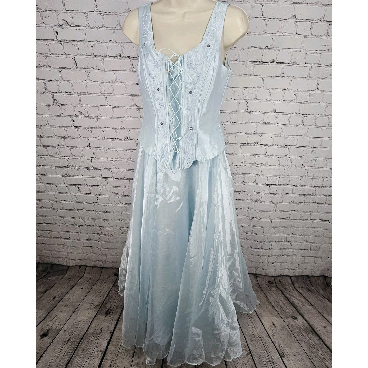 VTG Victory Collection Blue Corset Lace Up Embroidery Long Dress Gown USA Medium