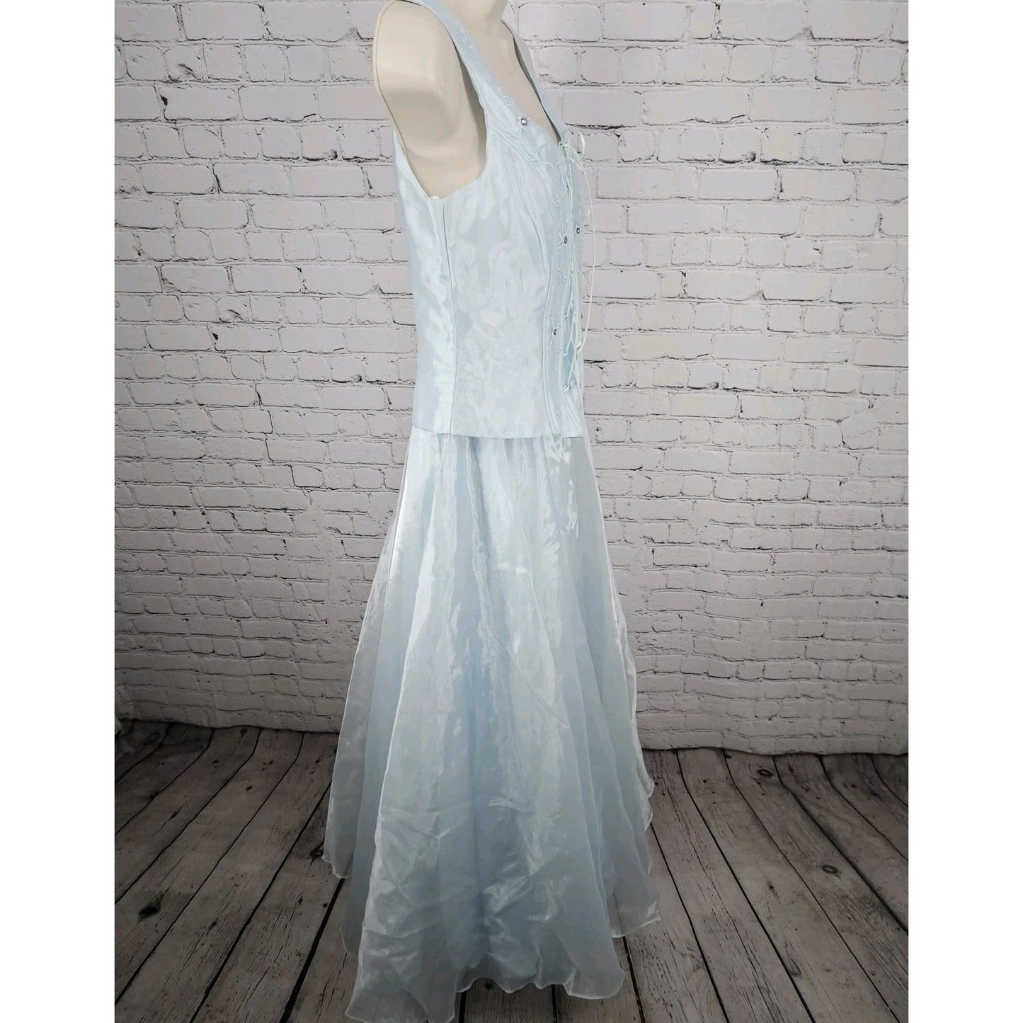 VTG Victory Collection Blue Corset Lace Up Embroidery Long Dress Gown USA Medium