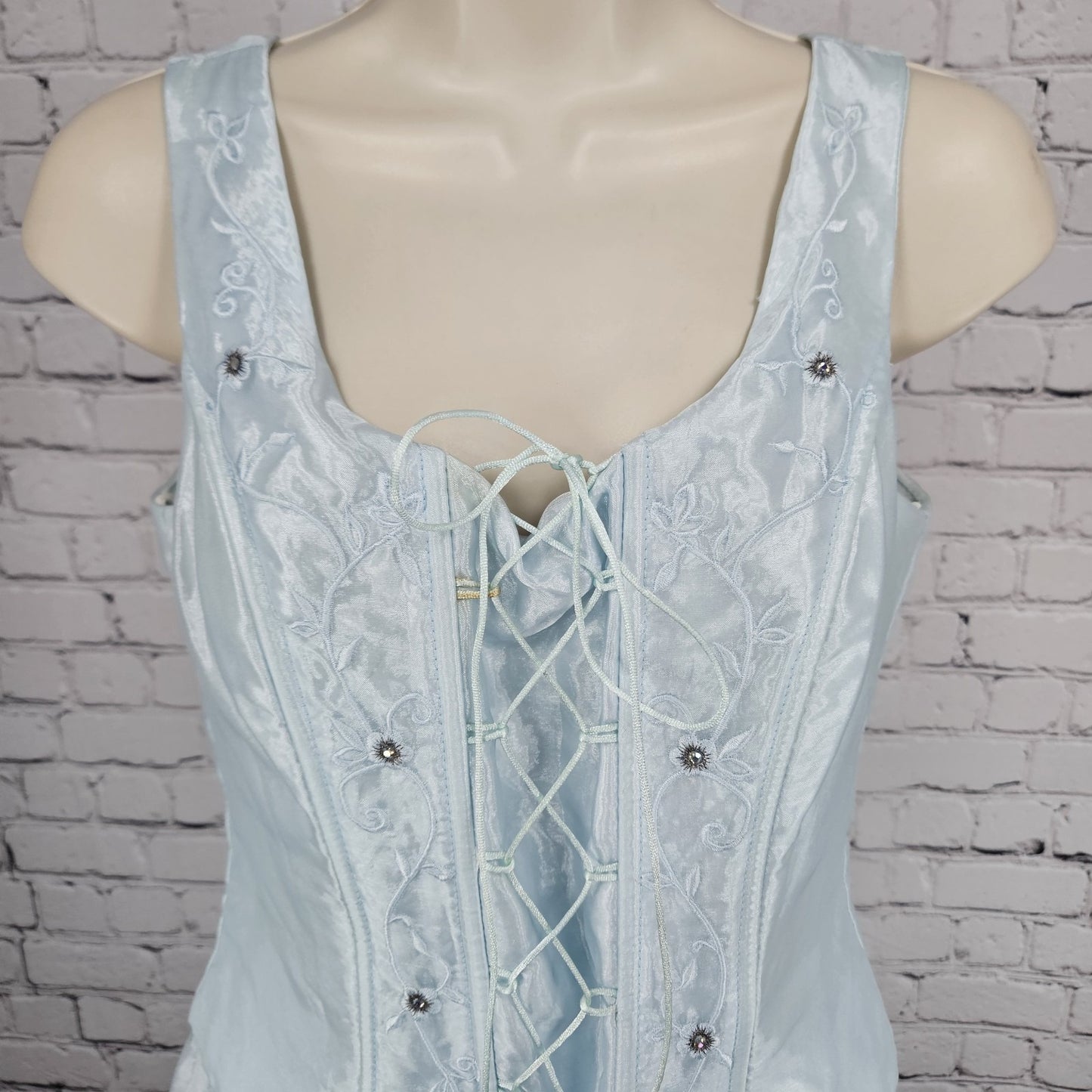 VTG Victory Collection Blue Corset Lace Up Embroidery Long Dress Gown USA Medium