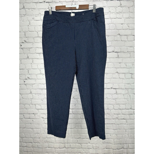 Chicos Blue Pinstripe Elastic Waistband Comfort Ankle Mid Rise Pants Size 12 R