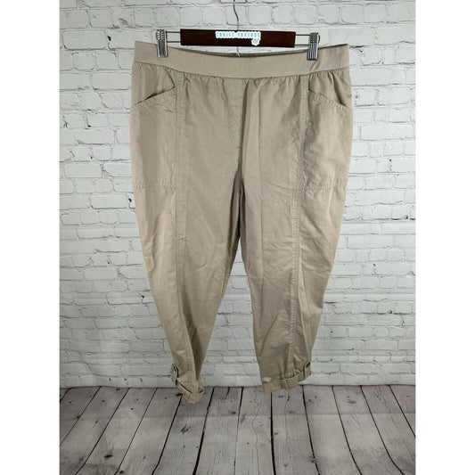 Chicos Tan Elastic Waist Pull On High Rise Roll Tab Pants Women’s M (34x26.5)