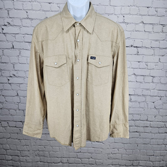 VTG Wrangler Tan Cotton Pearl Snap Western Cowboy Collar Long Sleeve Shirt XL