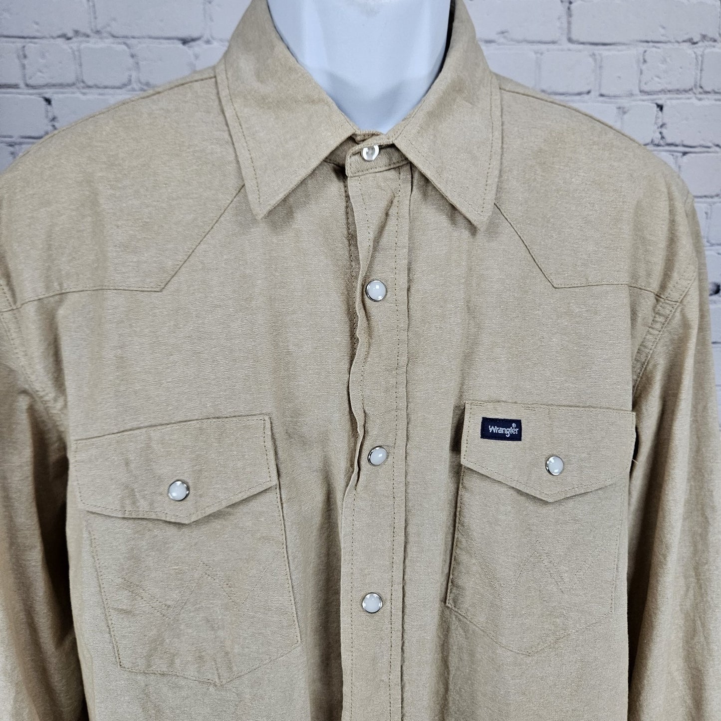 VTG Wrangler Tan Cotton Pearl Snap Western Cowboy Collar Long Sleeve Shirt XL