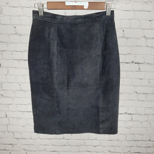 VTG BB Dakota Black Genuine Suede Leather Back Slit Skirt Size 5/6 (25x21.5)