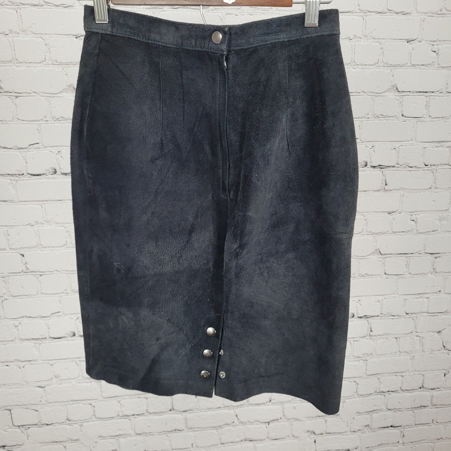 VTG BB Dakota Black Genuine Suede Leather Back Slit Skirt Size 5/6 (25x21.5)