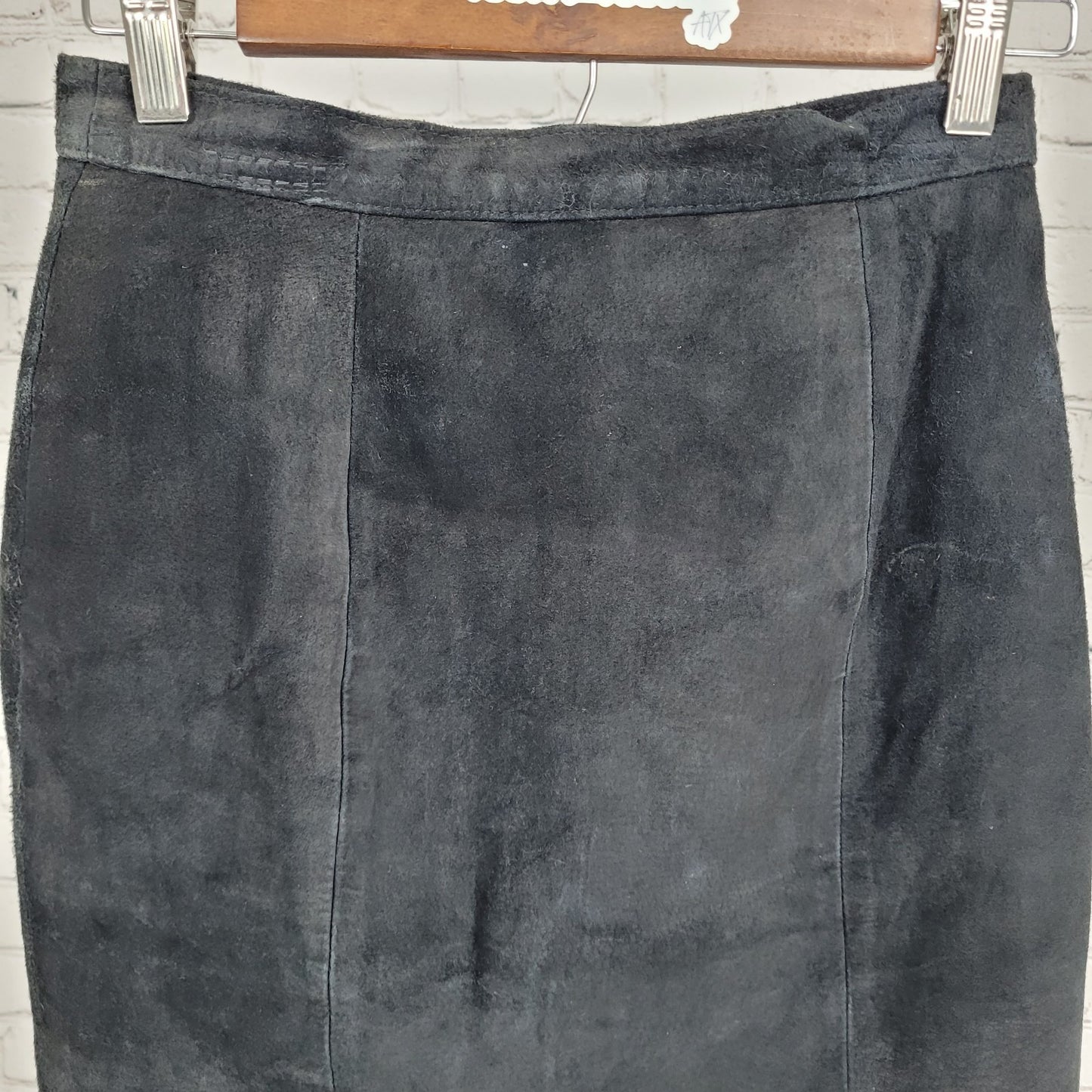 VTG BB Dakota Black Genuine Suede Leather Back Slit Skirt Size 5/6 (25x21.5)