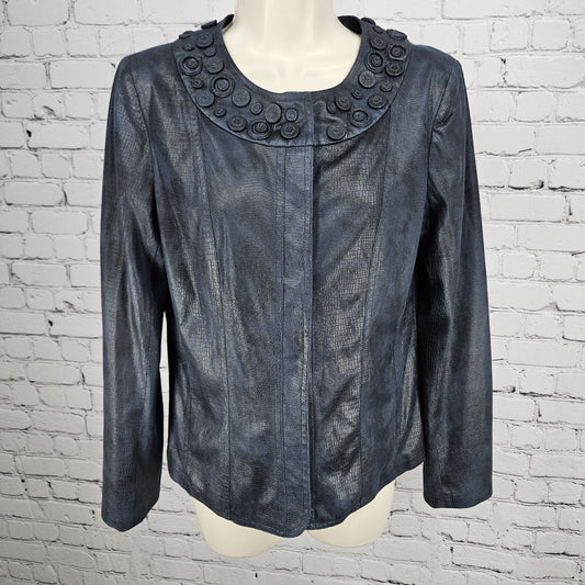 Chico's Blue Faux Snake Print Texture Snap Embellished Lightweight Jacket 0 US 4
