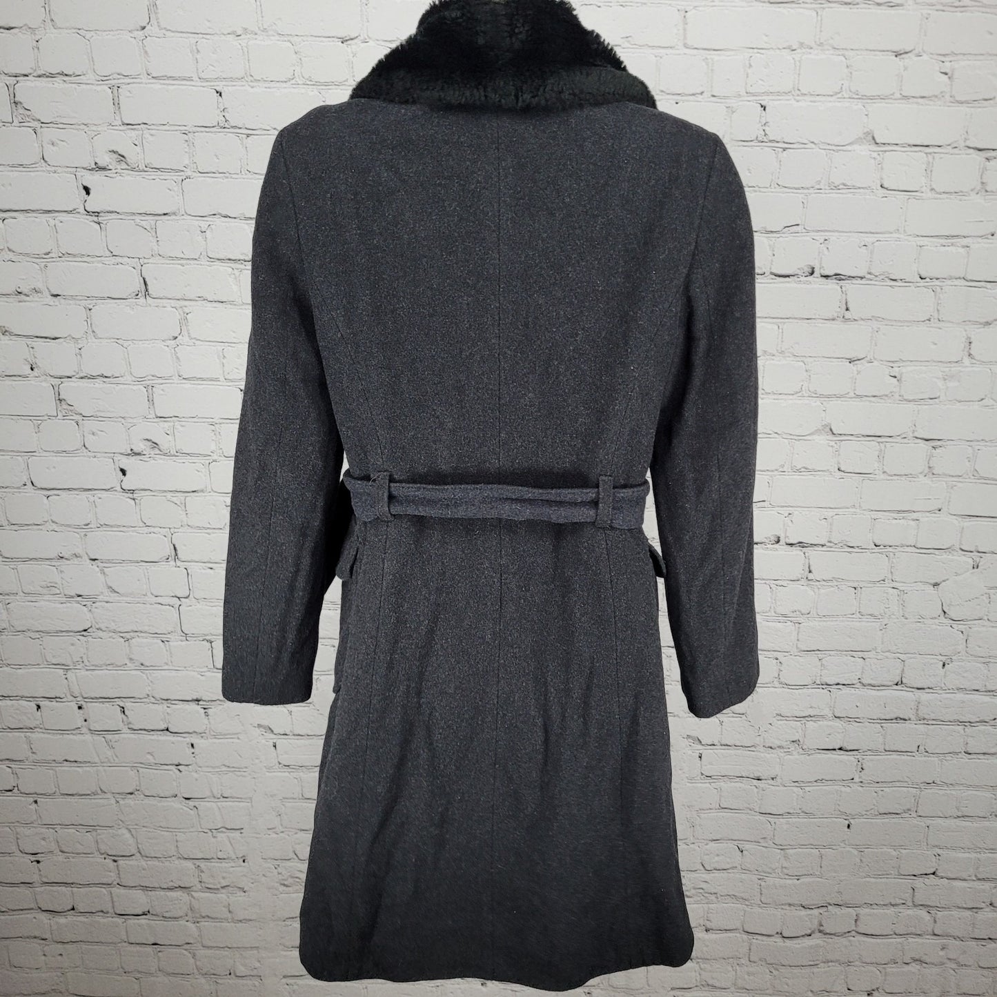 United Colors Of Benetton Black Wool Blend Faux Fur Belted Coat Italy Size 40