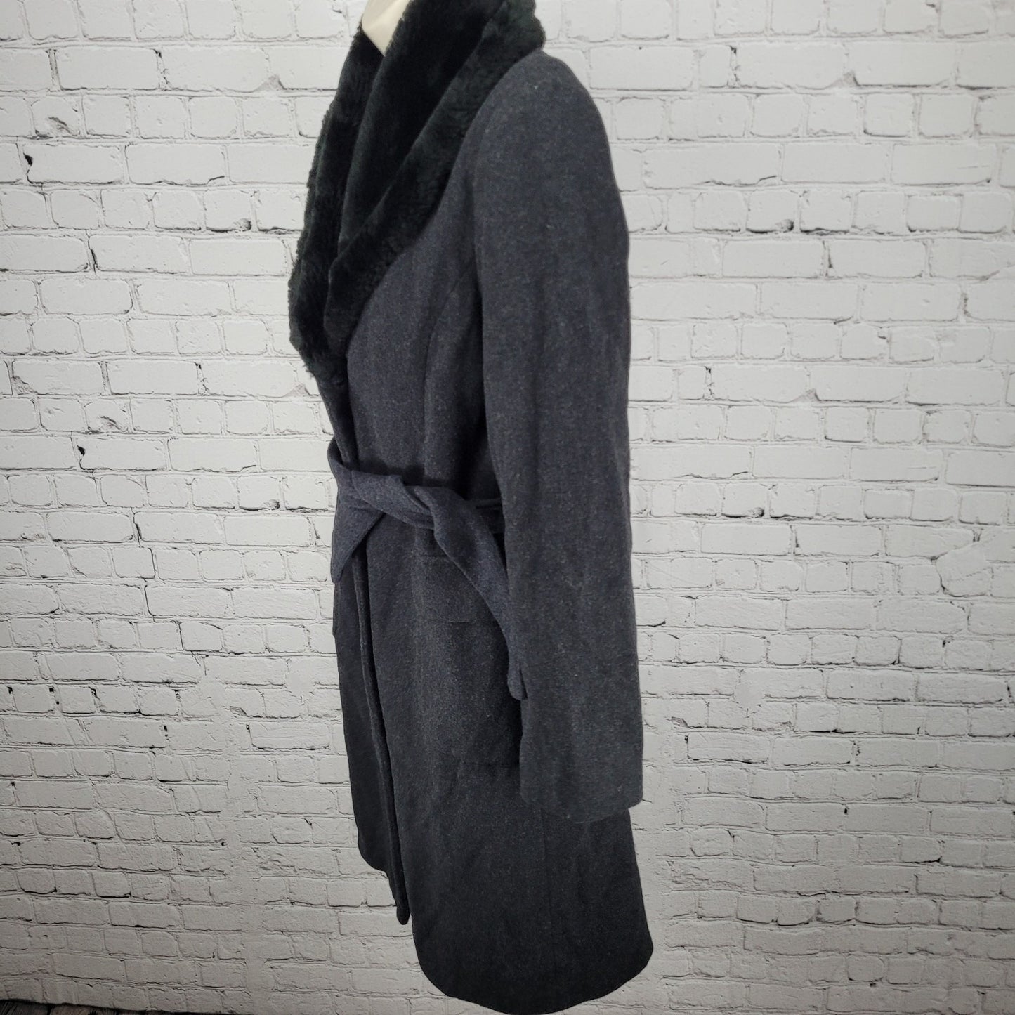 United Colors Of Benetton Black Wool Blend Faux Fur Belted Coat Italy Size 40