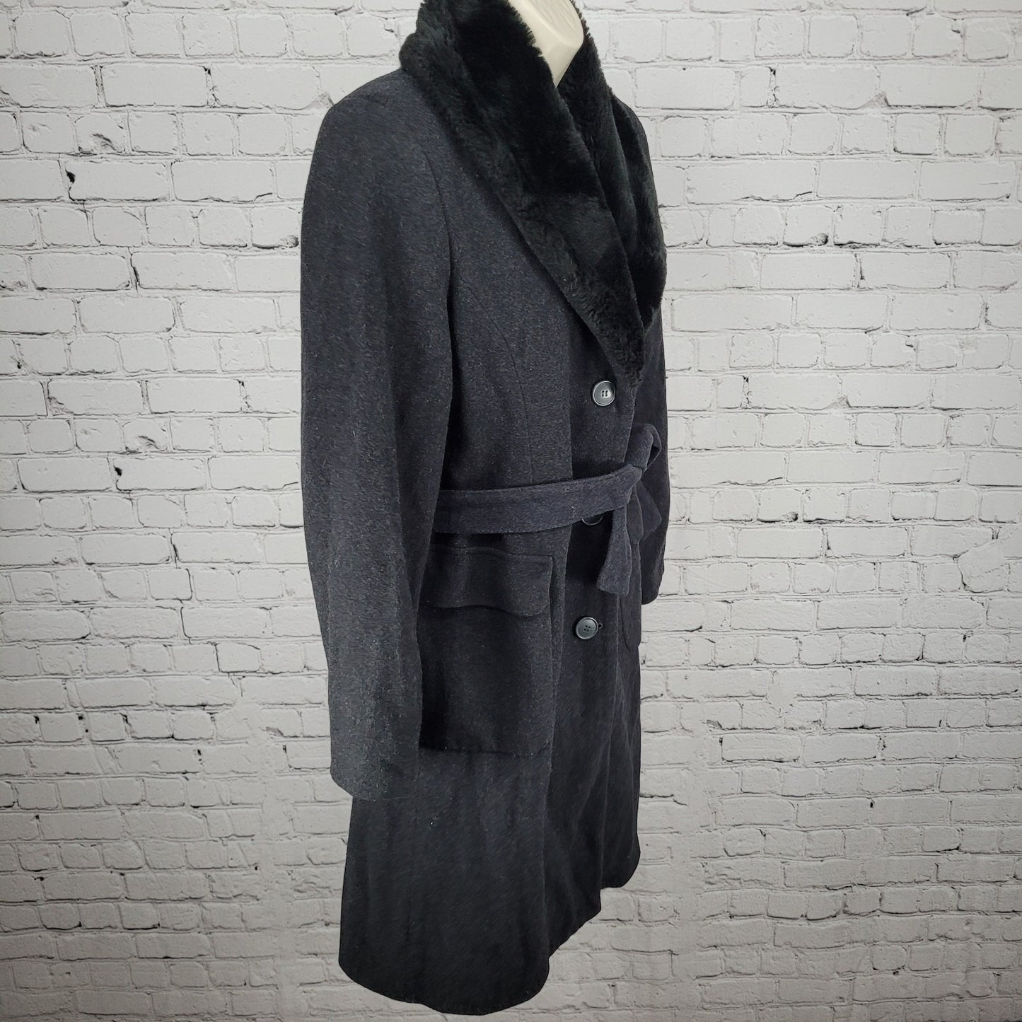 United Colors Of Benetton Black Wool Blend Faux Fur Belted Coat Italy Size 40