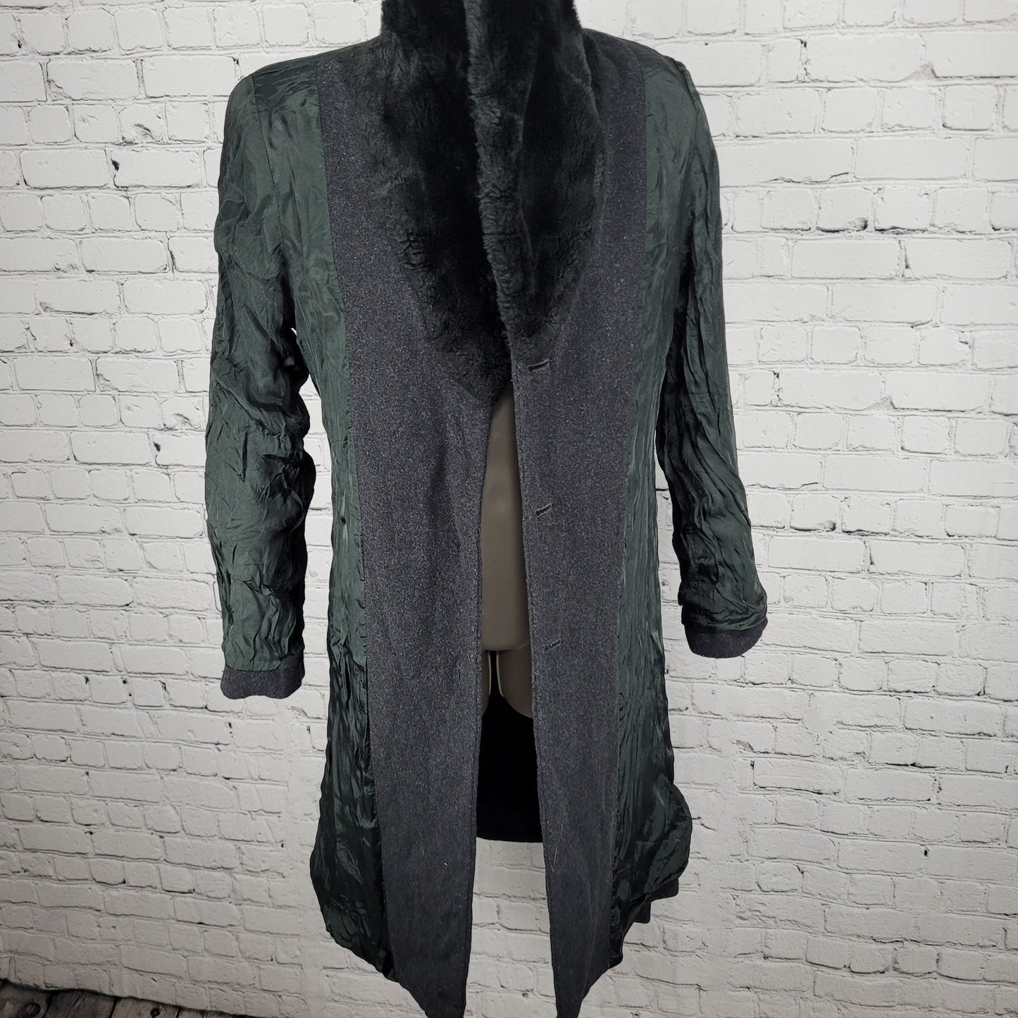 United Colors Of Benetton Black Wool Blend Faux Fur Belted Coat Italy Size 40