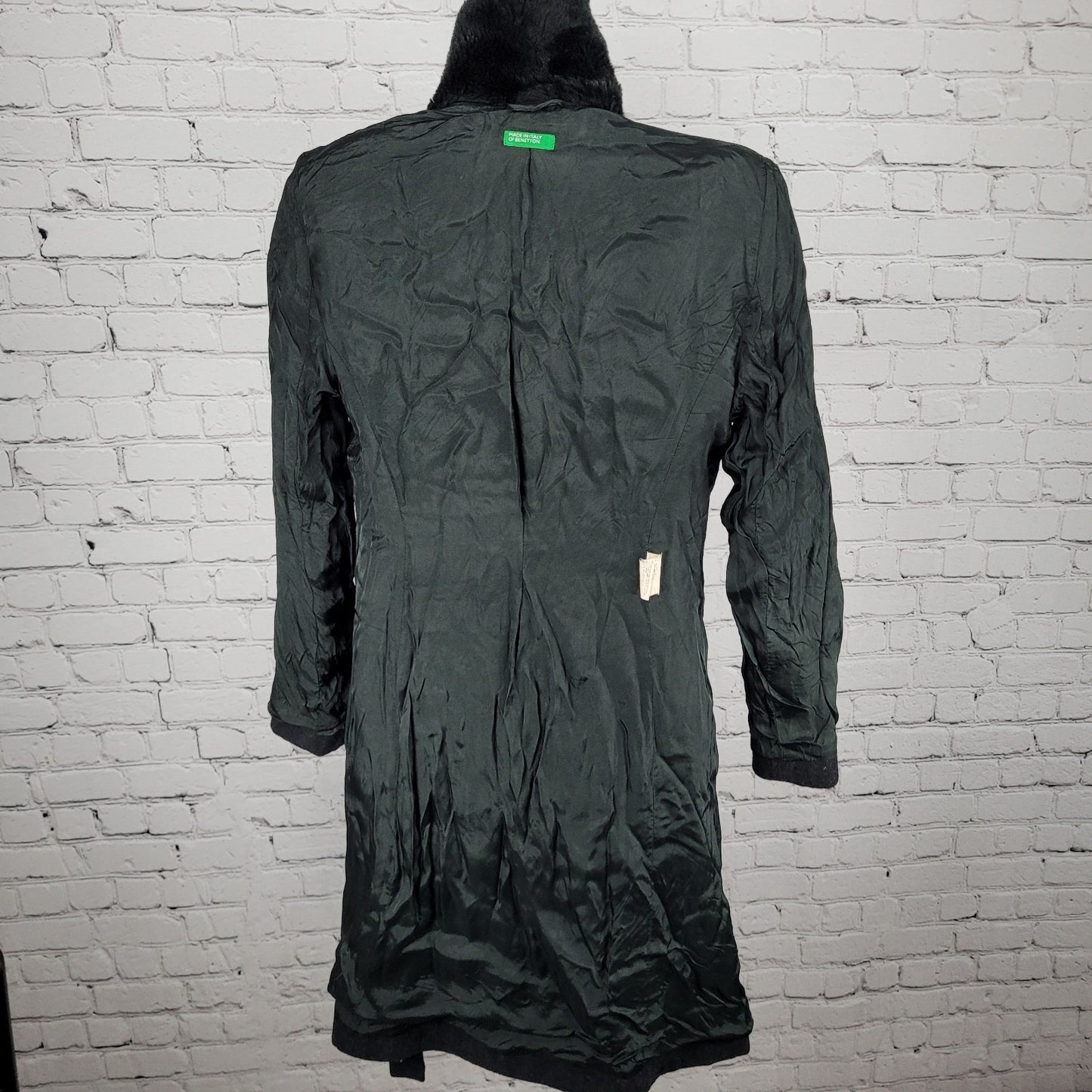 United Colors Of Benetton Black Wool Blend Faux Fur Belted Coat Italy Size 40