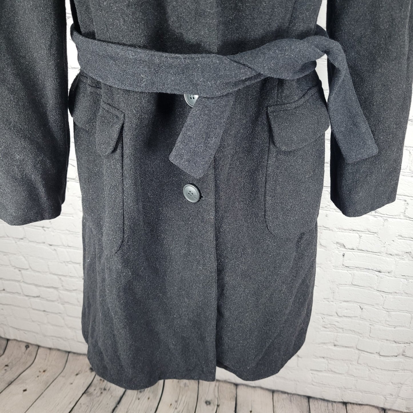 United Colors Of Benetton Black Wool Blend Faux Fur Belted Coat Italy Size 40