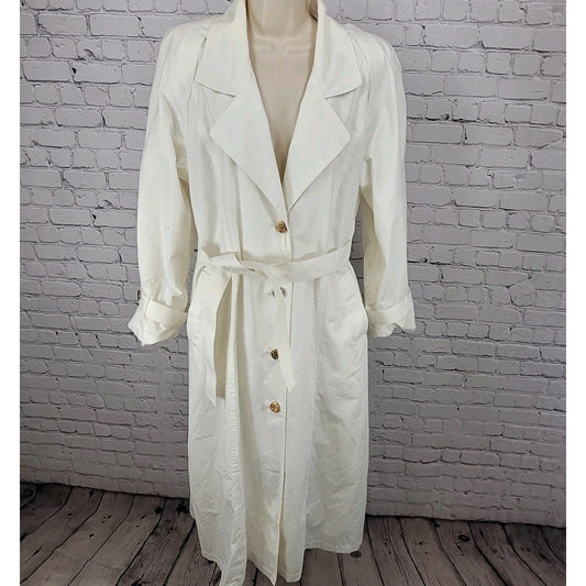 VTG London Fog Ivory White Gold Button Belted Trench Coat USA Made Size 14