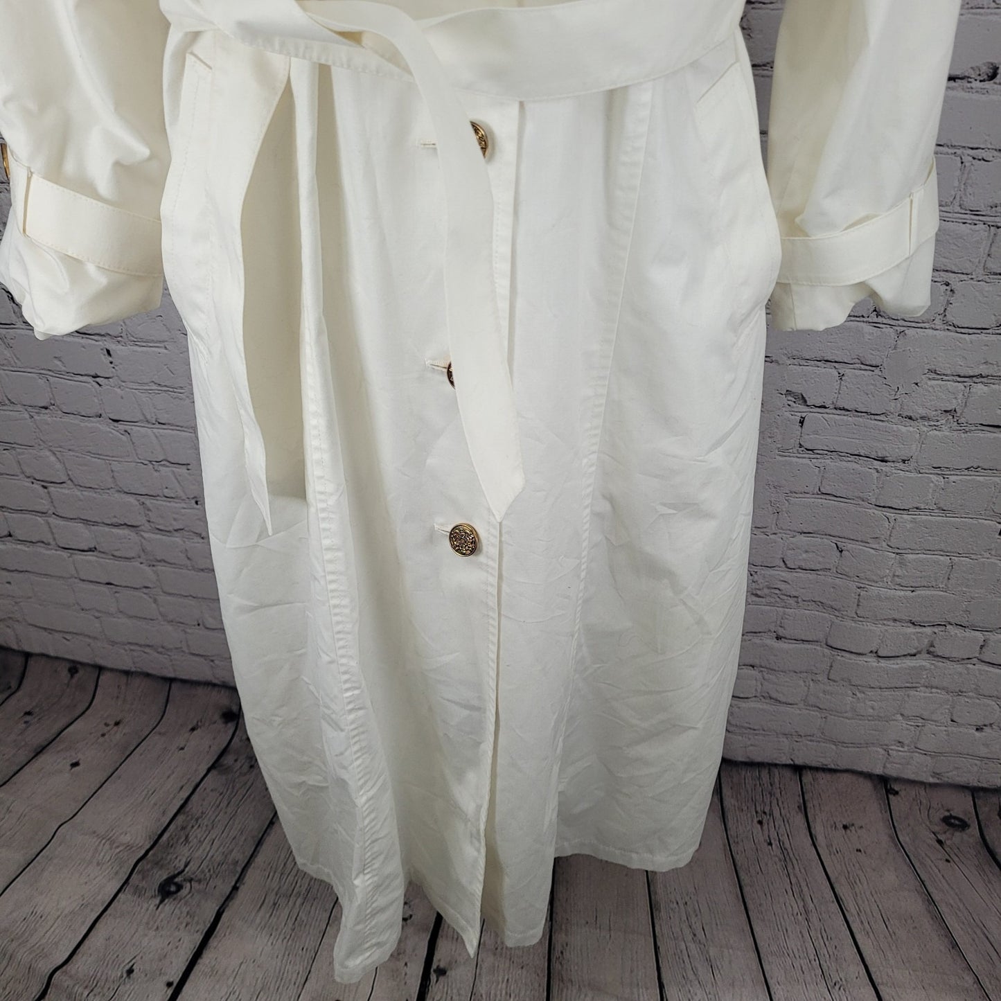 VTG London Fog Ivory White Gold Button Belted Trench Coat USA Made Size 14