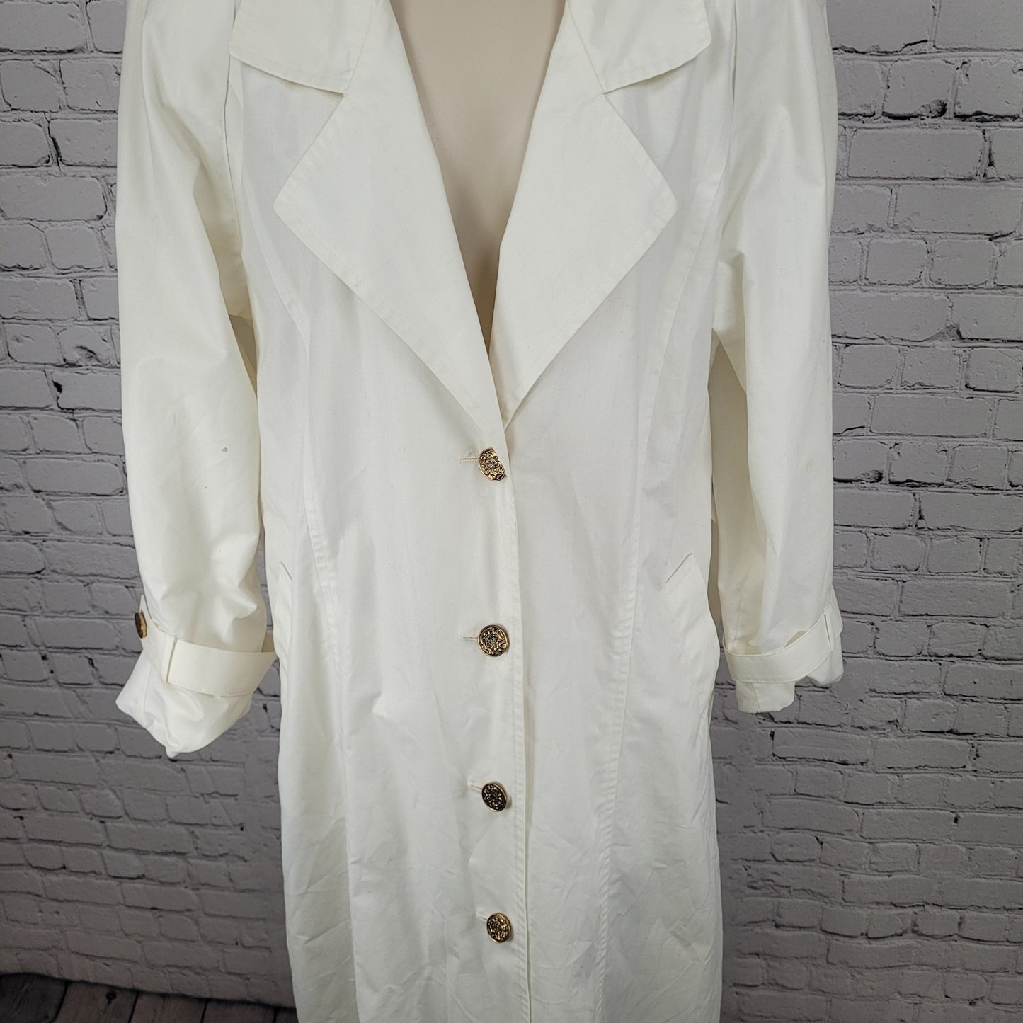 VTG London Fog Ivory White Gold Button Belted Trench Coat USA Made Size 14