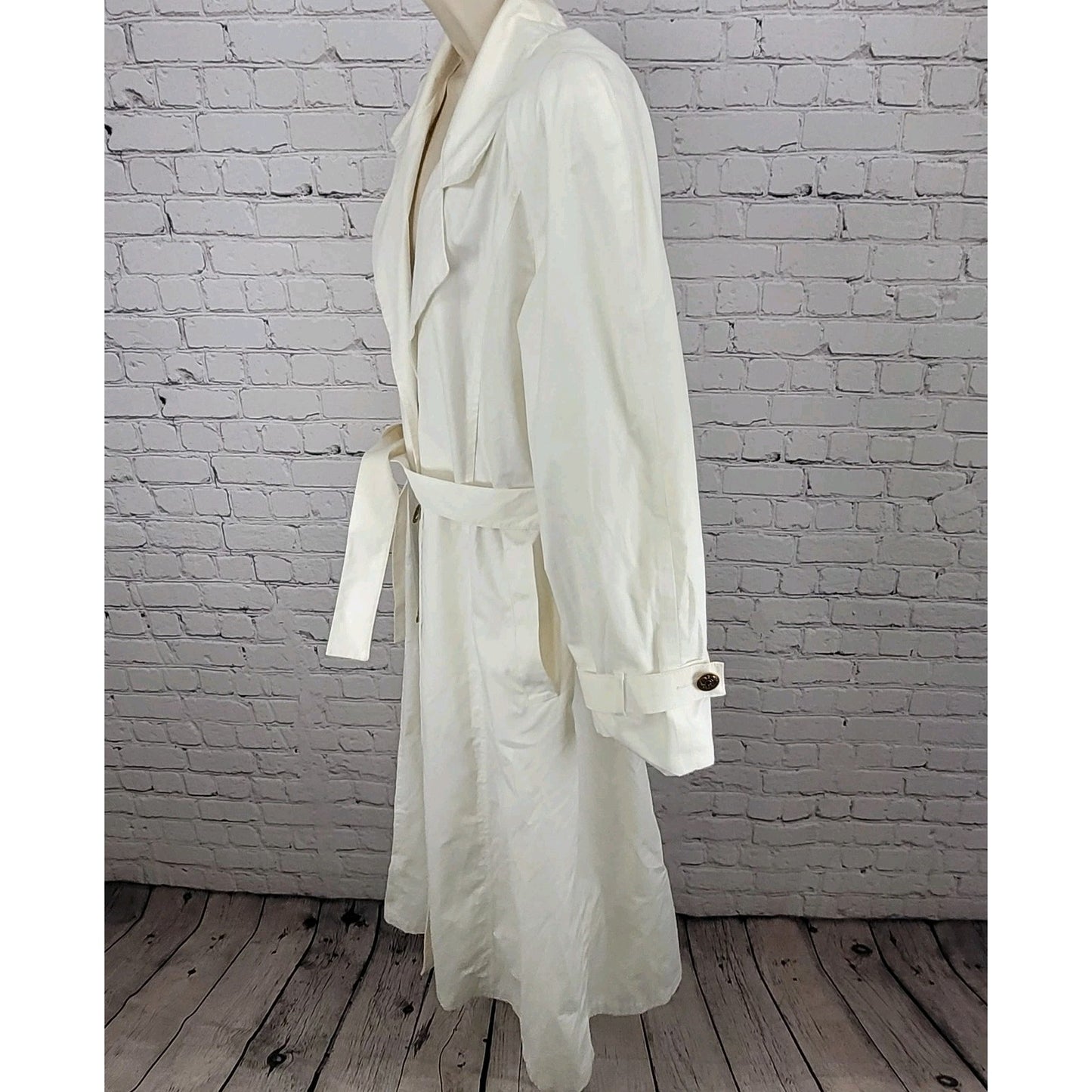 VTG London Fog Ivory White Gold Button Belted Trench Coat USA Made Size 14