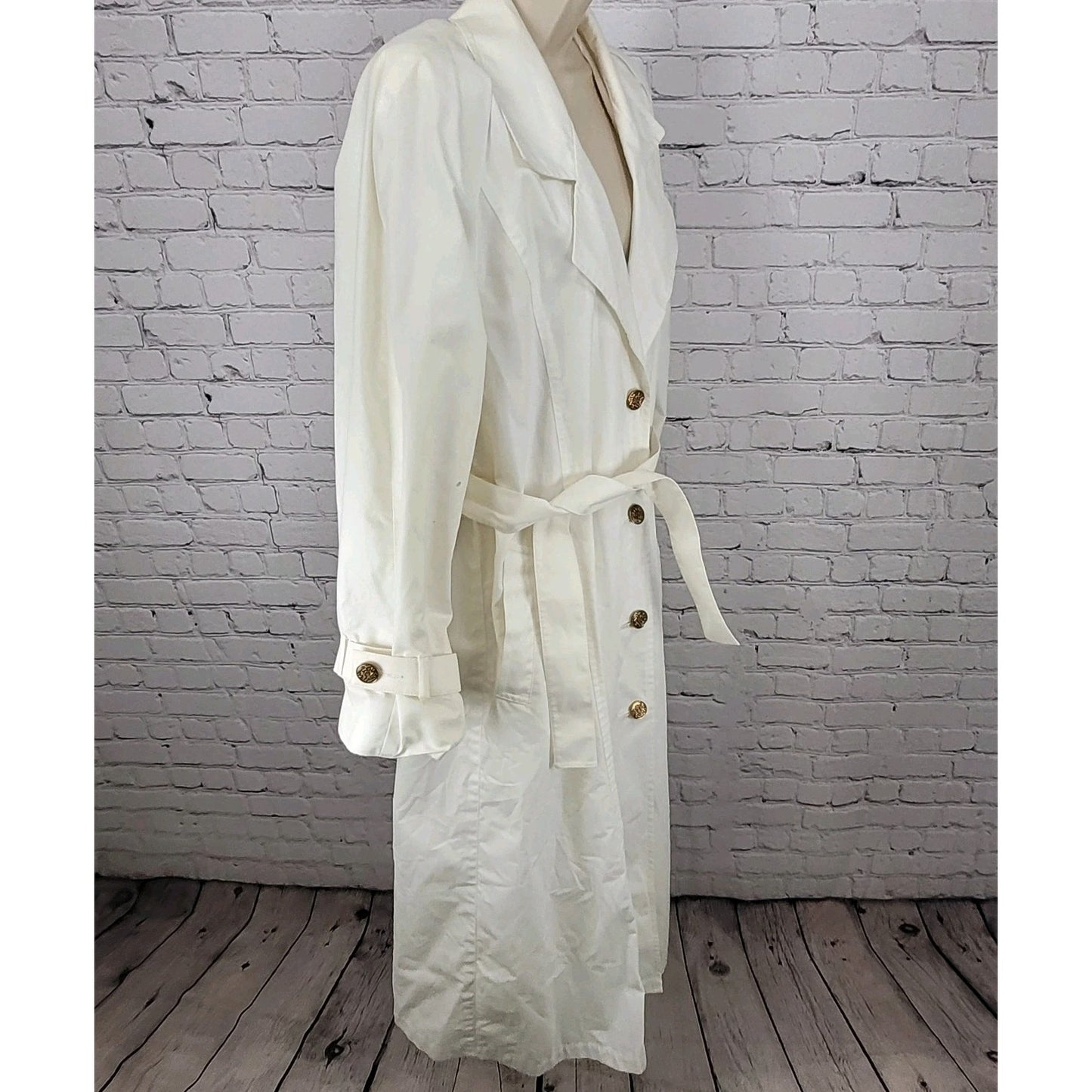 VTG London Fog Ivory White Gold Button Belted Trench Coat USA Made Size 14