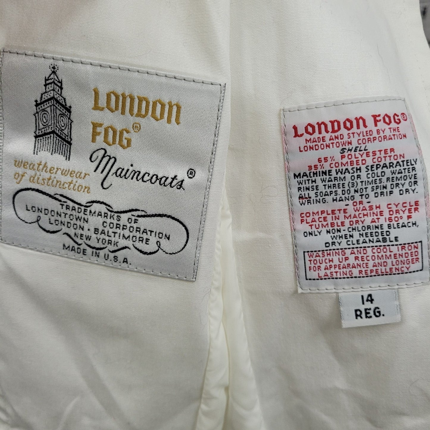 VTG London Fog Ivory White Gold Button Belted Trench Coat USA Made Size 14