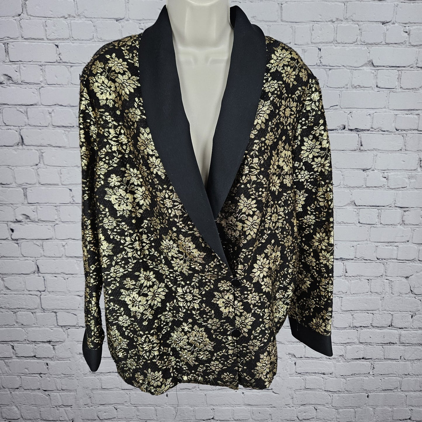 VTG Teddi Of California Black Gold Metallic Floral Button Lightweight Jacket M