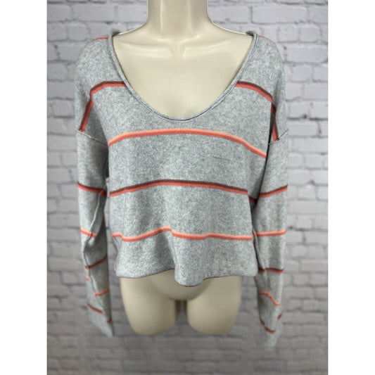 Free People Grey Pink Striped Oversized Off The Shoulder Cropped Sweater S *hole