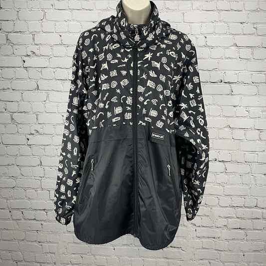 K.WAY Black Printed Zipped Rain Jacket Windbreaker Removable Hood Size Medium M