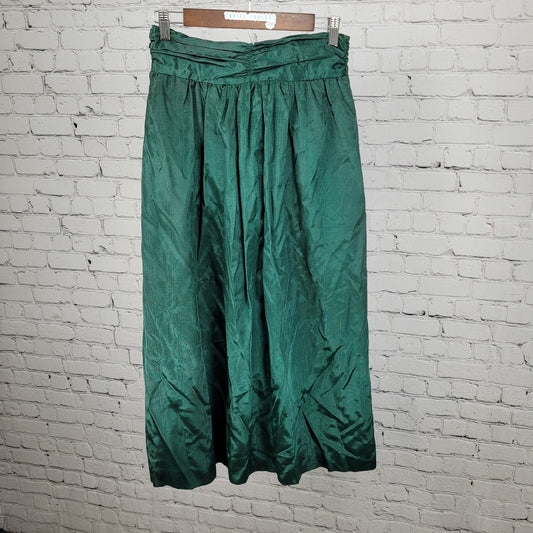 VTG Allen Solly Green Sheen Ruched Back Zip A Line Maxi Skirt USA Made Size 10