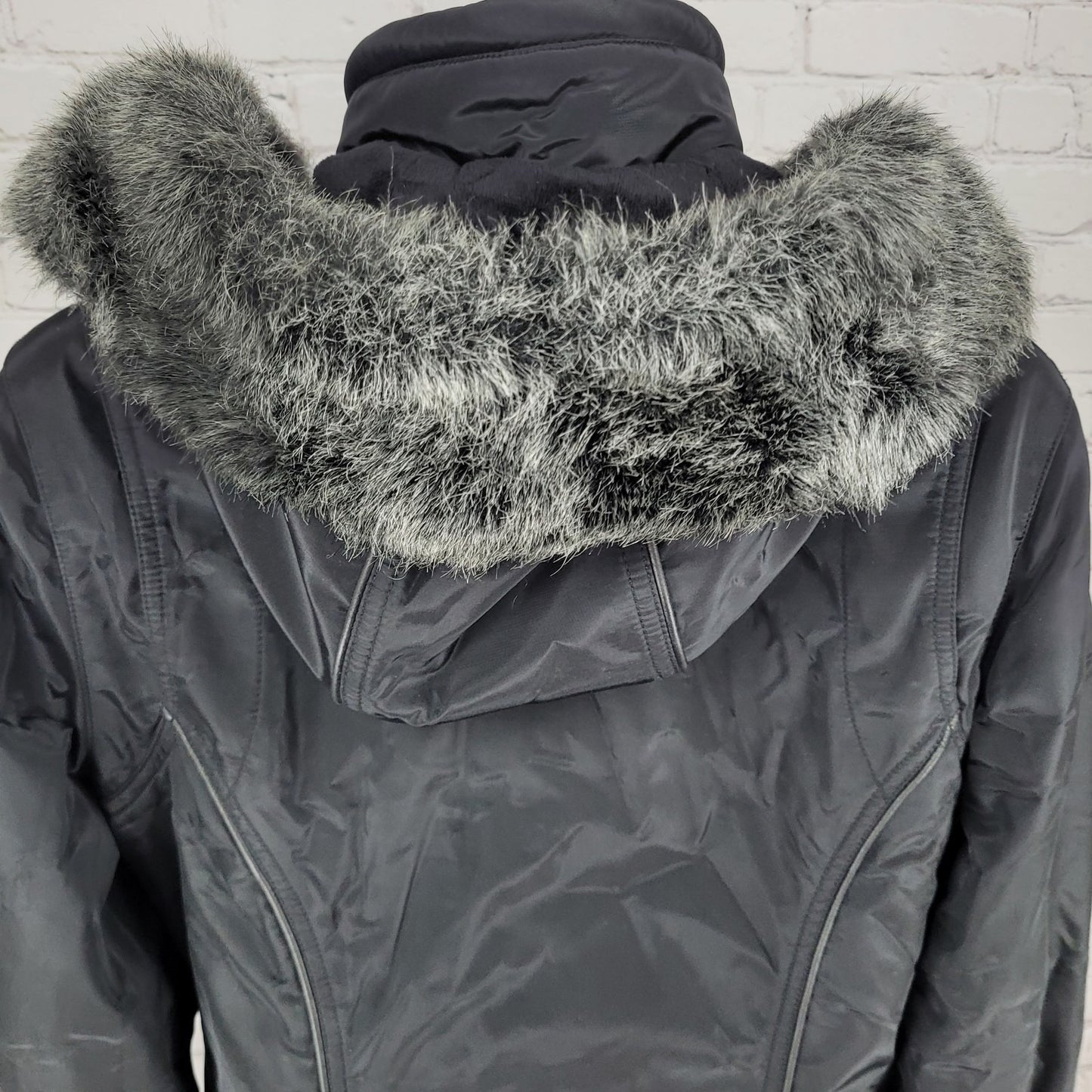 Metropolis Black Ice Faux Fur Hooded Insulated Zipped Pockets Jacket Size 8