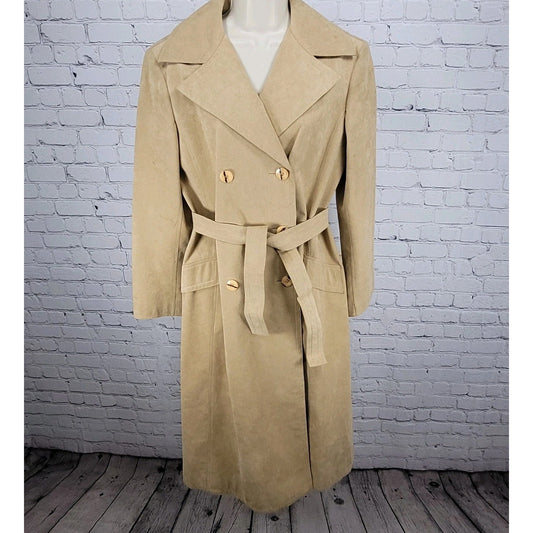 VTG Unbranded Tan Suede Like Union Made Button Belt Lined Long Pea Coat US 12