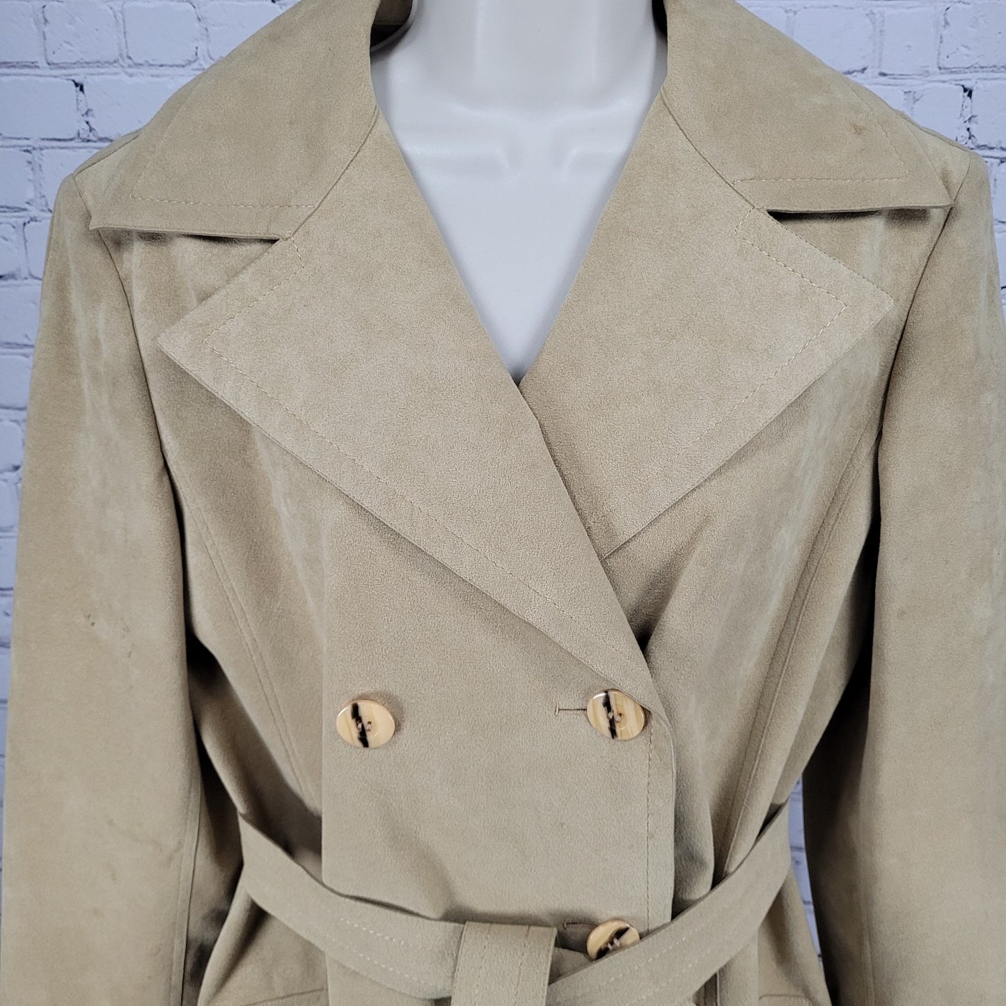 VTG Unbranded Tan Suede Like Union Made Button Belt Lined Long Pea Coat US 12