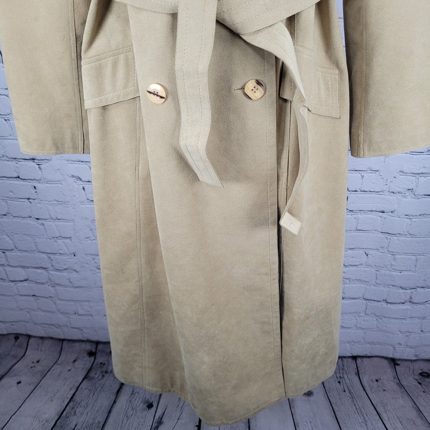 VTG Unbranded Tan Suede Like Union Made Button Belt Lined Long Pea Coat US 12