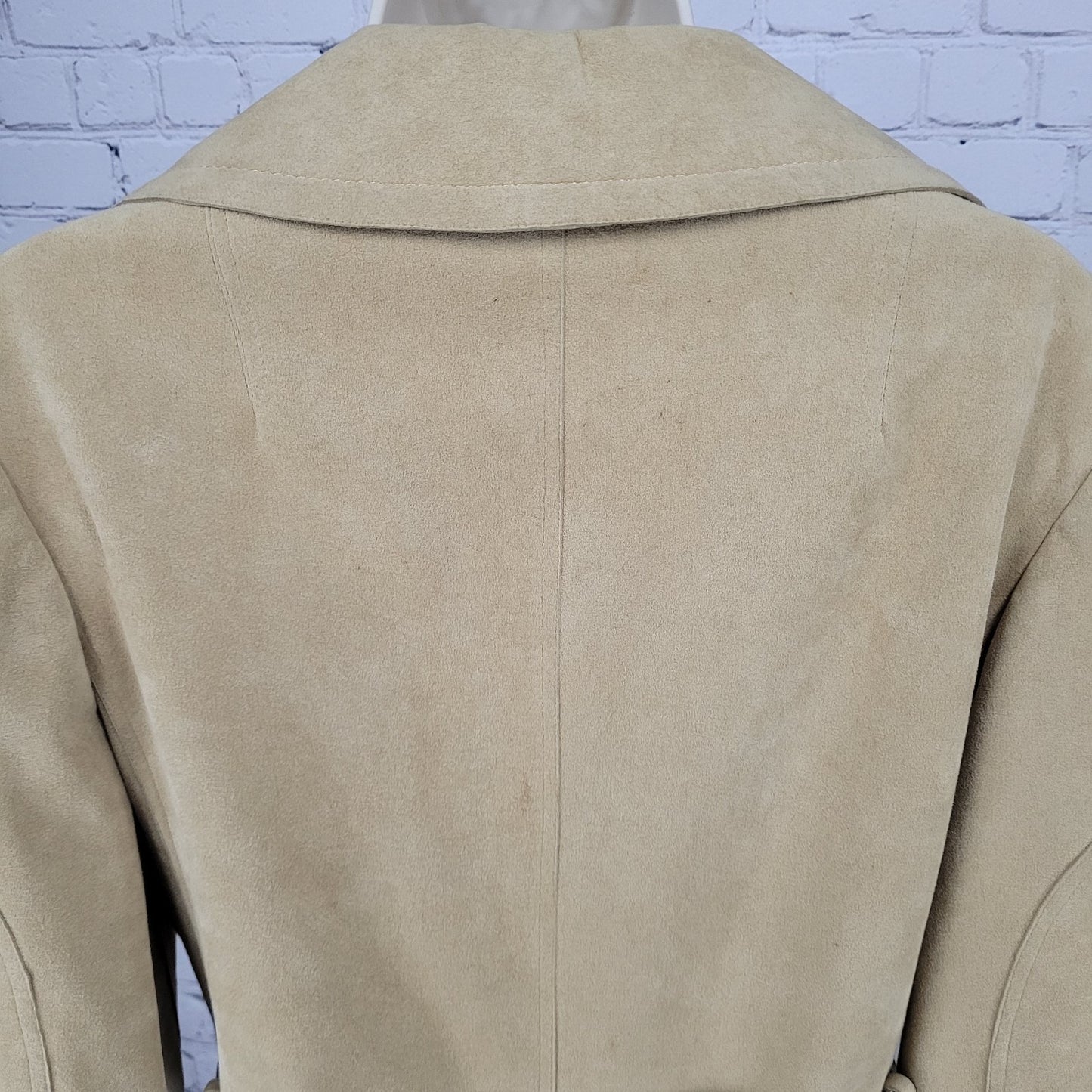 VTG Unbranded Tan Suede Like Union Made Button Belt Lined Long Pea Coat US 12