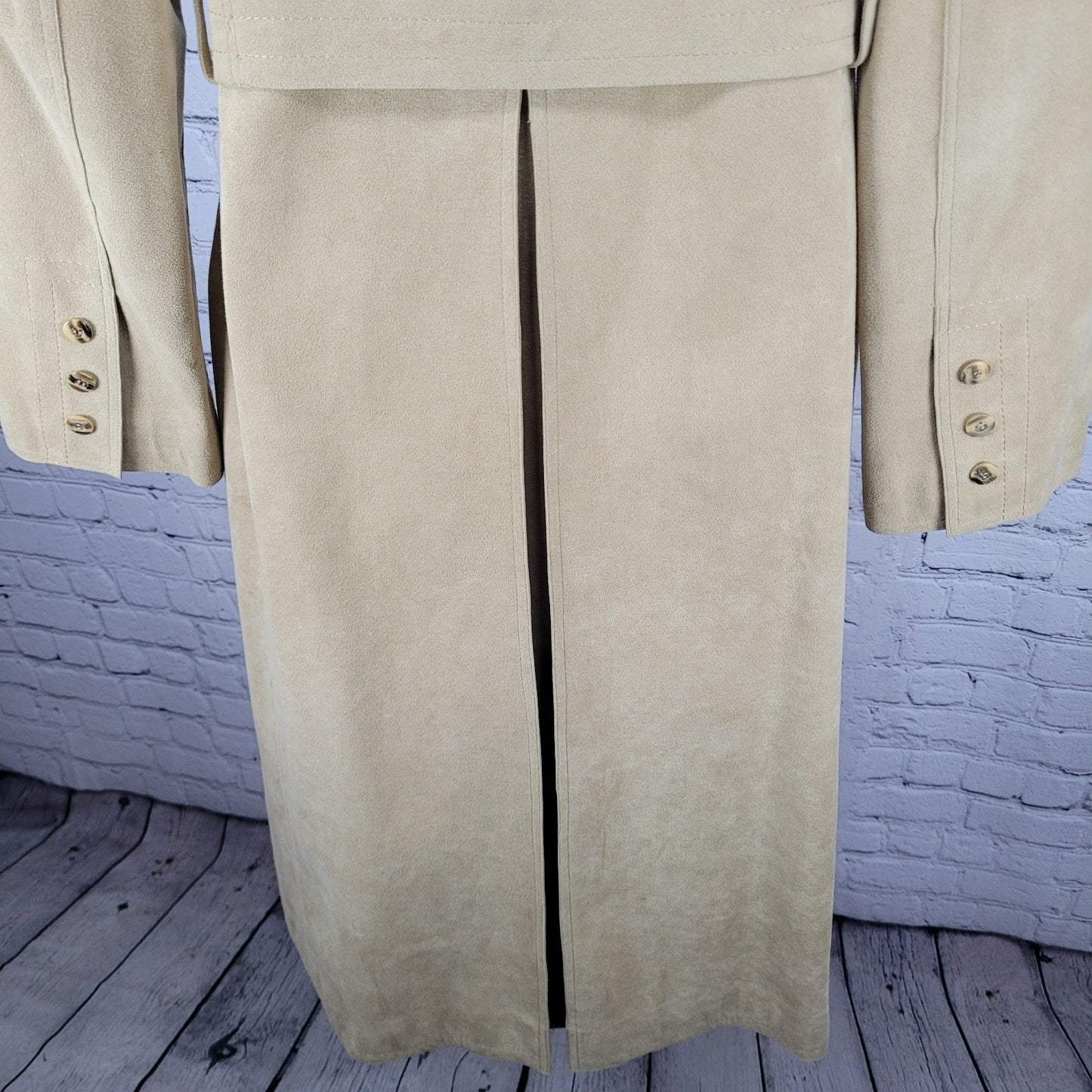 VTG Unbranded Tan Suede Like Union Made Button Belt Lined Long Pea Coat US 12