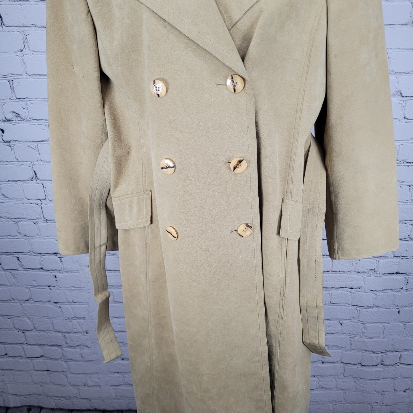 VTG Unbranded Tan Suede Like Union Made Button Belt Lined Long Pea Coat US 12