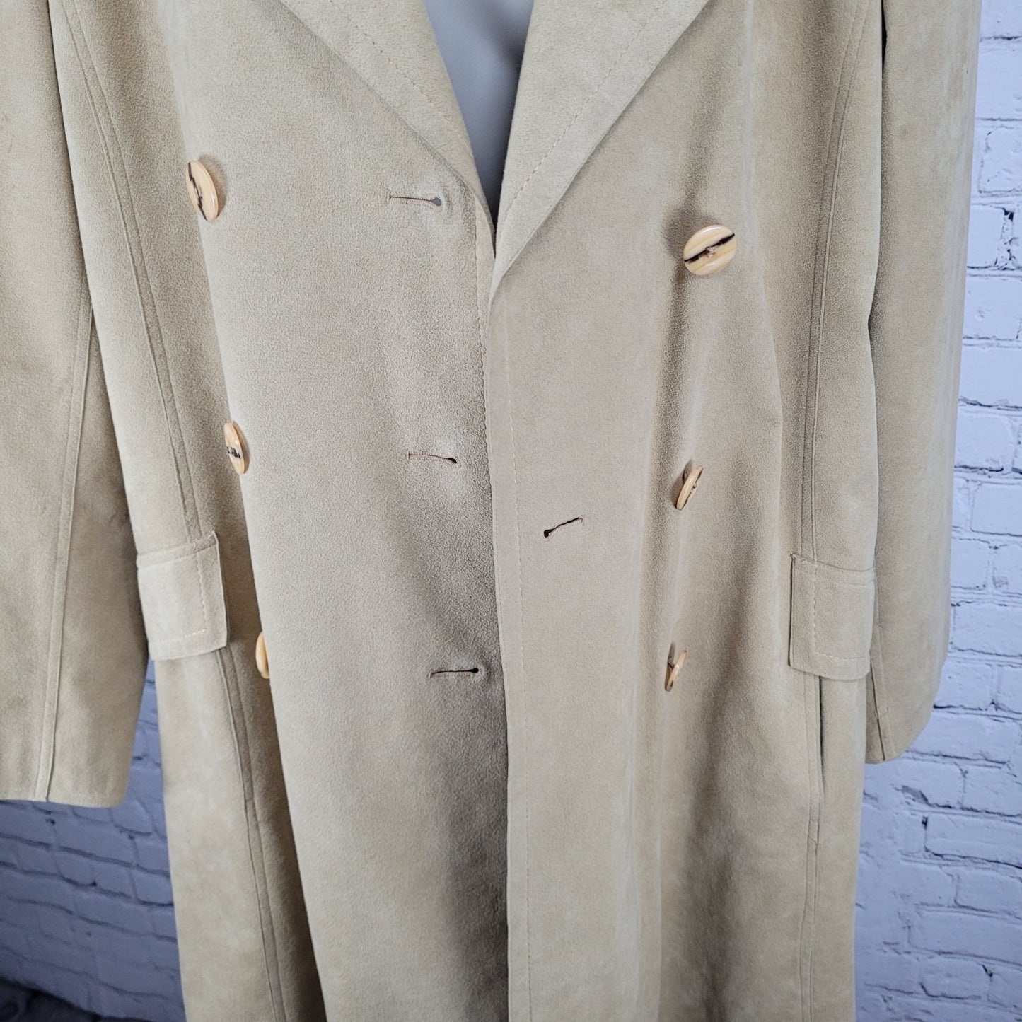 VTG Unbranded Tan Suede Like Union Made Button Belt Lined Long Pea Coat US 12