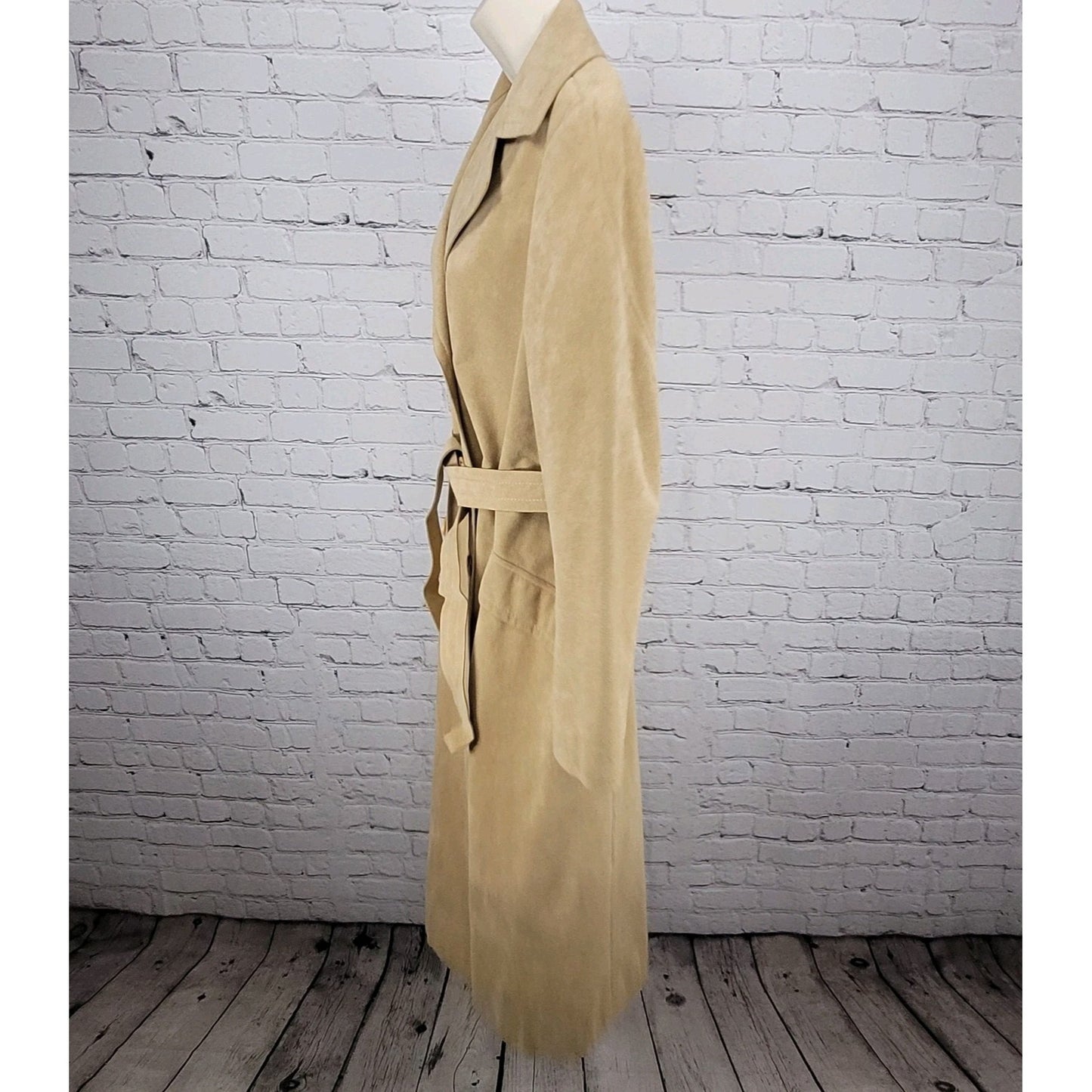 VTG Unbranded Tan Suede Like Union Made Button Belt Lined Long Pea Coat US 12