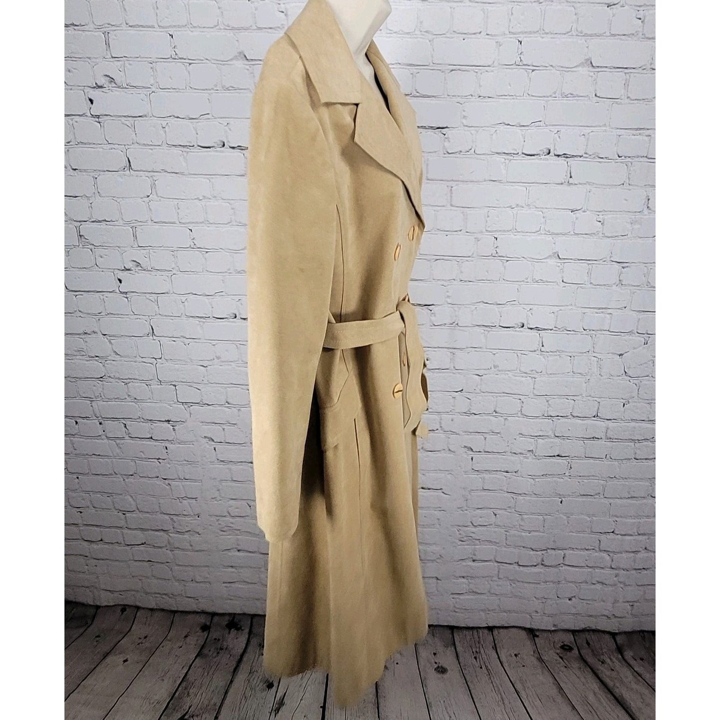 VTG Unbranded Tan Suede Like Union Made Button Belt Lined Long Pea Coat US 12