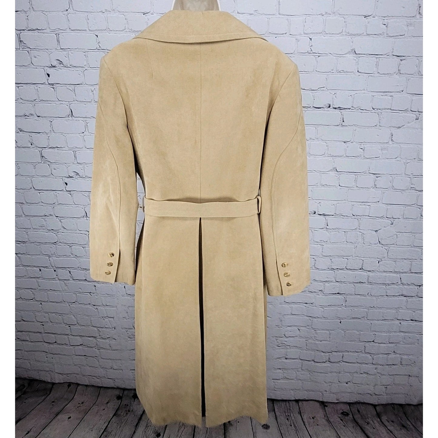 VTG Unbranded Tan Suede Like Union Made Button Belt Lined Long Pea Coat US 12