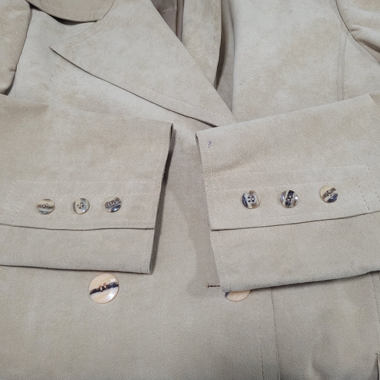 VTG Unbranded Tan Suede Like Union Made Button Belt Lined Long Pea Coat US 12