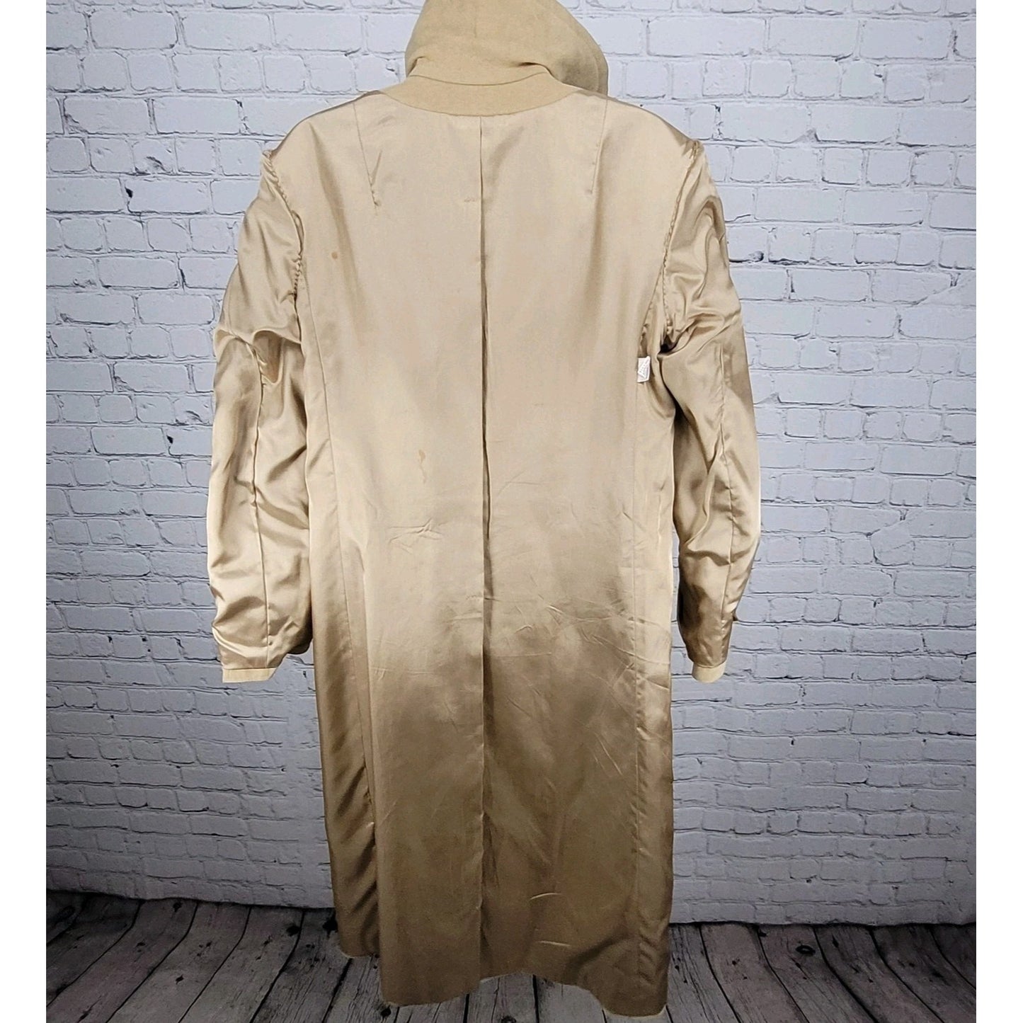 VTG Unbranded Tan Suede Like Union Made Button Belt Lined Long Pea Coat US 12