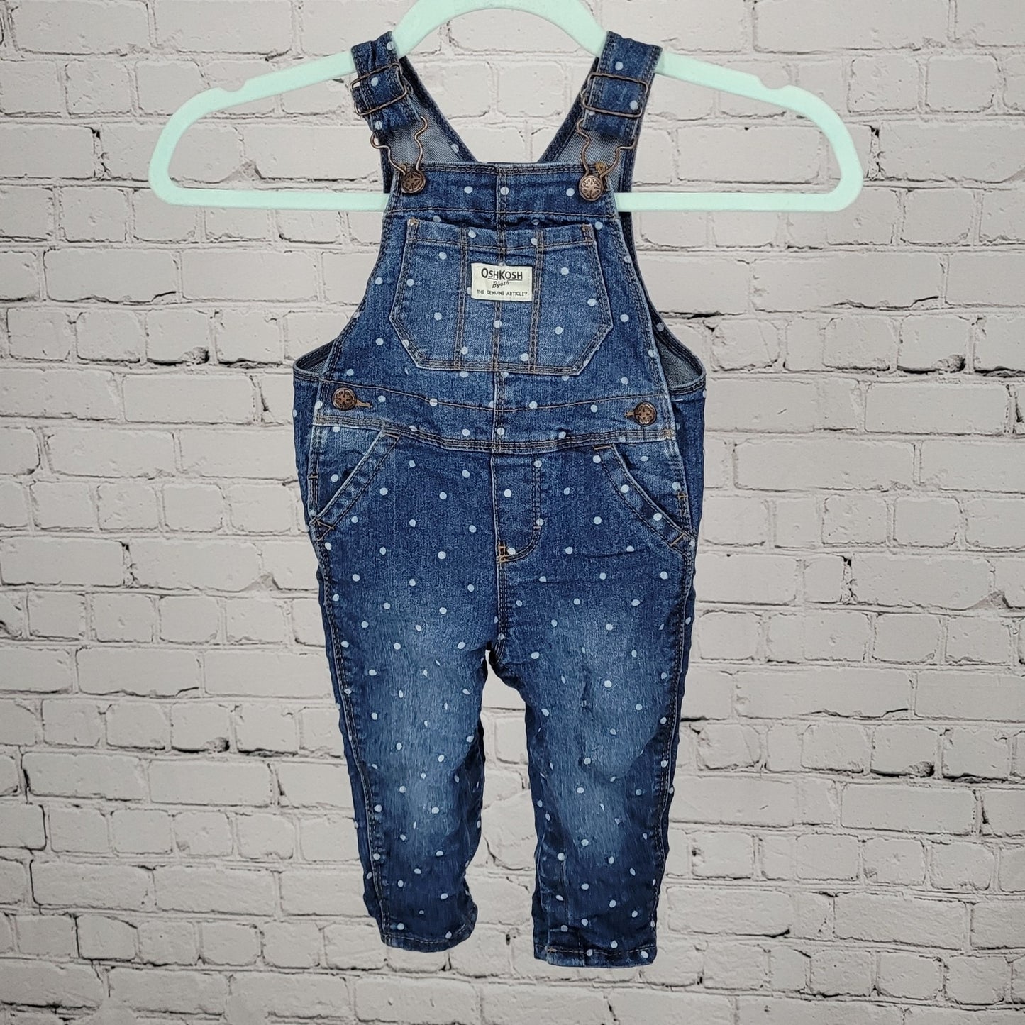 OshKosh B'Gosh Blue Denim Polka Dot Snap Pants Vestbak Overalls Baby 12M