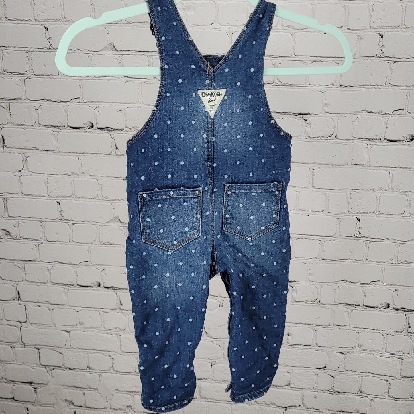 OshKosh B'Gosh Blue Denim Polka Dot Snap Pants Vestbak Overalls Baby 12M