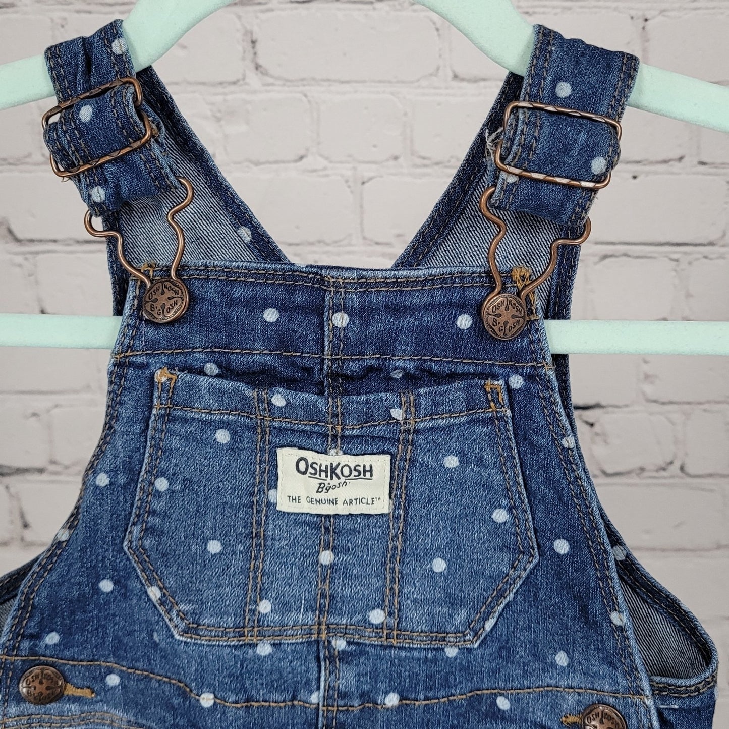 OshKosh B'Gosh Blue Denim Polka Dot Snap Pants Vestbak Overalls Baby 12M